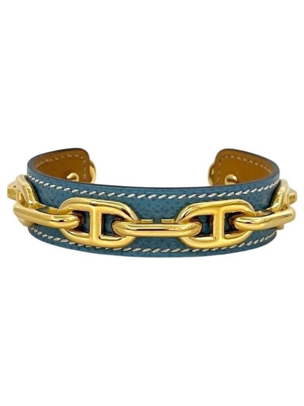 Hermes Bangle Bracelet Chaine D'ancre Leather Metal Blue Light Gold